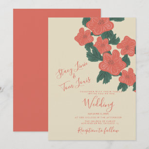 Vintage Flora Pink Coral Botanical Wedding Invitation