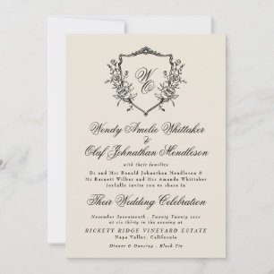 Vintage Flora Wreath Cream & Back Monogram Wedding Invitation