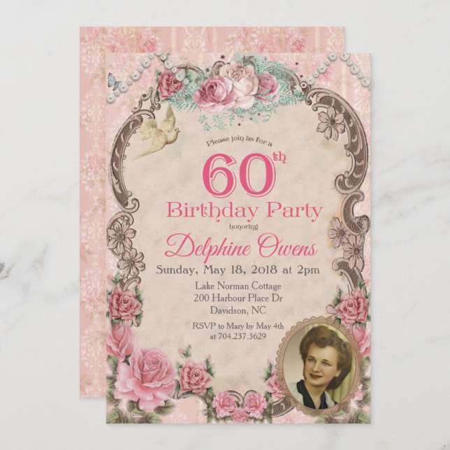 Vintage Floral 60th Birthday Invitation (Front/Back)