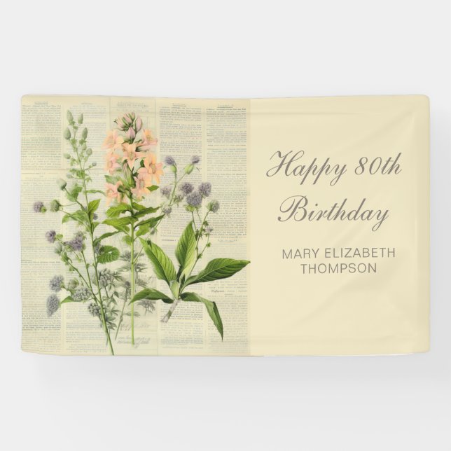 Vintage Floral 80th Birthday Banner (Horizontal)