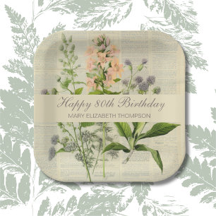 Vintage Floral 80th Birthday Paper Plate