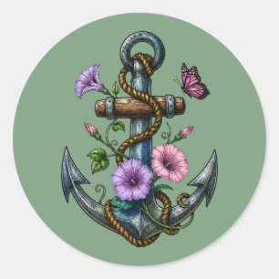 Vintage Floral Anchor Morning Glory Butterfly Illu Classic Round Sticker