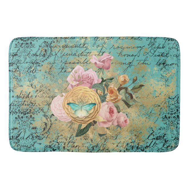 Vintage Floral and Butterfly Bouquet Bath Mat (Front)