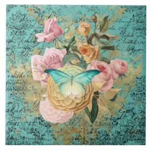 Vintage Floral and Butterfly Bouquet Ceramic Tile