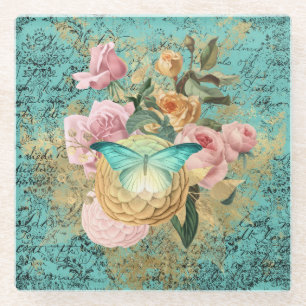 Vintage Floral and Butterfly Bouquet Glass Coaster