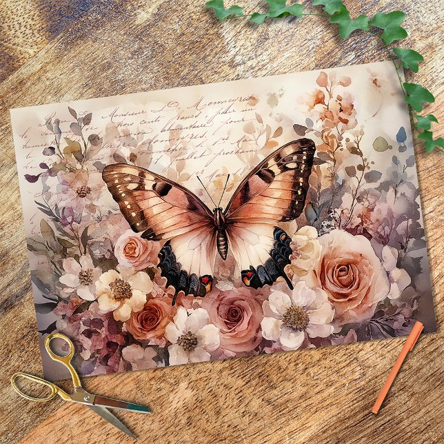 Vintage floral and butterfly decoupage tissue paper (Beautiful watercolor butterfly and florals with cursive script, warm colors)