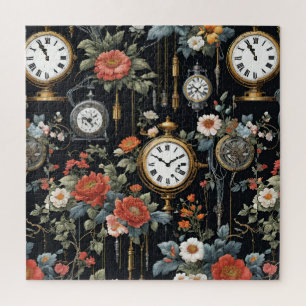 Vintage Floral and Clocks Black Wallpaper Design Jigsaw Puzzle