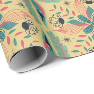 vintage floral and geometric pattern in teal, wrapping paper