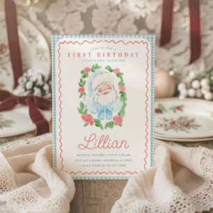 Vintage Floral and Gingham Santa Birthday Invitation
