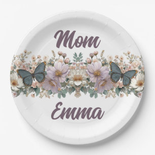 Vintage Floral and Green Butterfly for Mom Paper Plate