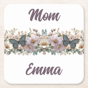 Vintage Floral and Green Butterfly for Mom Square Paper Coaster