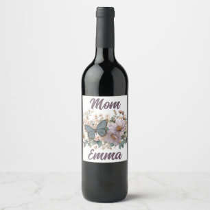 Vintage Floral and Green Butterfly for Mom Wine Label