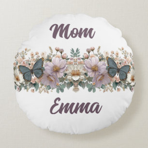 Vintage Floral and Green Butterfly for Mum Round Cushion