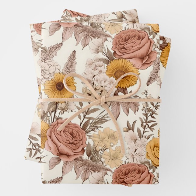 Vintage Floral Antique Peach Pink Boho Wildflower Wrapping Paper Sheet (In situ)