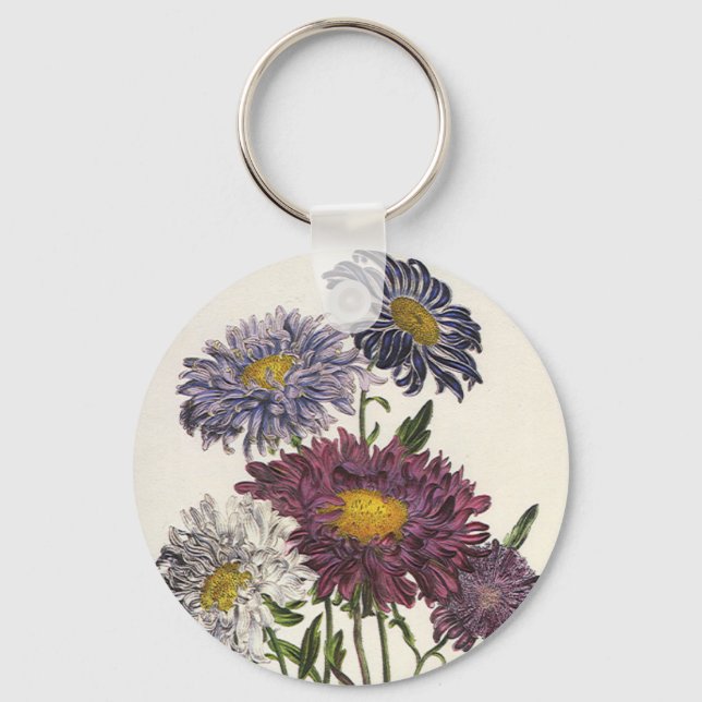 Vintage Floral, Antique Purple Aster Flowers Key Ring (Front)