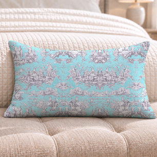 Vintage floral aqua blue toile de jouy lumbar cushion