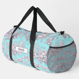 Vintage floral aqua blue toile de jouy monogram duffle bag