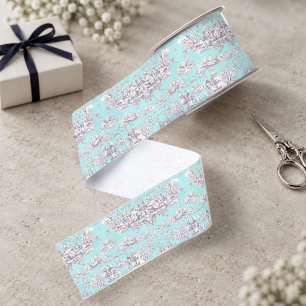 Vintage floral aqua blue toile de jouy monogram grosgrain ribbon
