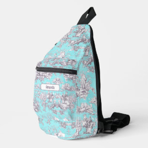 Vintage floral aqua blue toile de jouy monogram sling bag