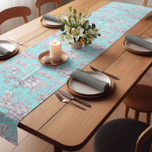 Vintage floral aqua blue toile de jouy short table runner