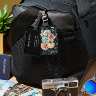 Vintage Floral Arrangement on Black Background Luggage Tag