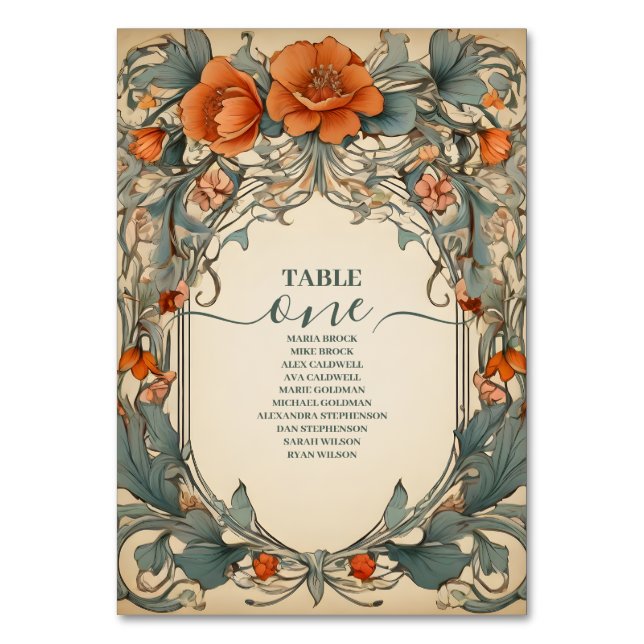 Vintage Floral Art Nouveau Wedding Table Number (Front)