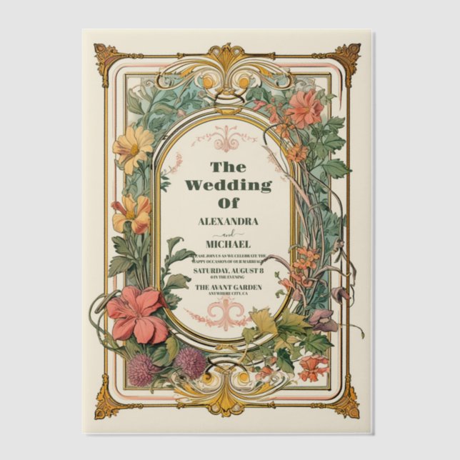 Vintage Floral Art Nouveau Wedding Vellum Invitations (Front)