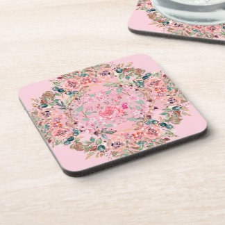 Vintage Floral Art, Pink Floral Wreath Coaster