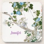 Vintage Floral Asian Style Lithograph Name Coaster<br><div class="desc">You can easily change the fonts and colours. You can also add your logo and the background image as you like.</div>