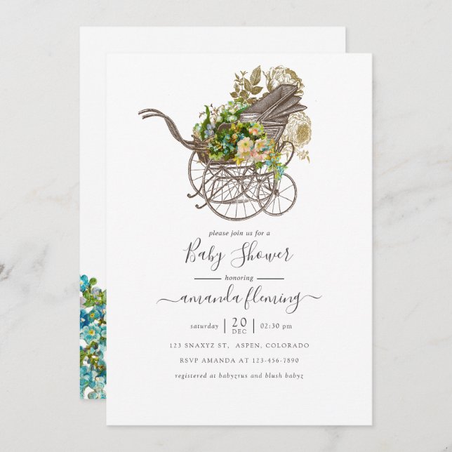 Vintage Floral Baby Carriage Baby Shower Invitation (Front/Back)