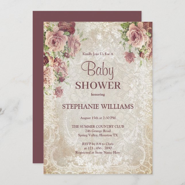 Vintage Floral, Beads & Damask Baby Shower Invitation (Front/Back)