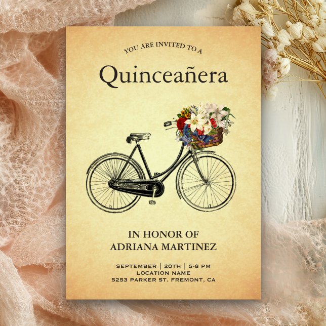 Vintage Floral Bicycle 15th Birthday Quinceanera Invitation (Creator Uploaded)