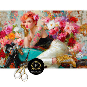 Vintage Floral Biker Woman Decoupage Tissue Paper