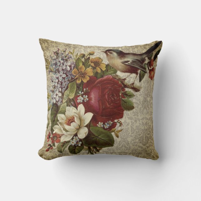 Vintage Floral & Bird Cushion (Front)