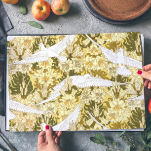 Vintage Floral Bird Green Yellow Nouveau Pattern Wrapping Paper Sheet