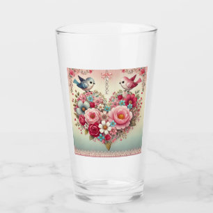 Vintage floral/bird/heart Valentine's Day Glass