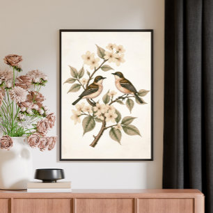Vintage Floral Birds Botanical Art Poster
