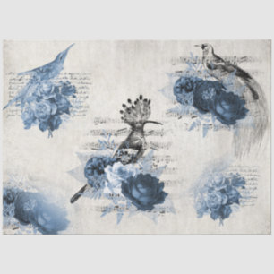Vintage Floral Birds Navy Blue Antique Decoupage Tissue Paper