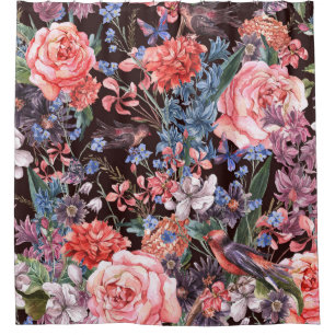Vintage Floral Birds: Watercolor Elegance. Shower Curtain