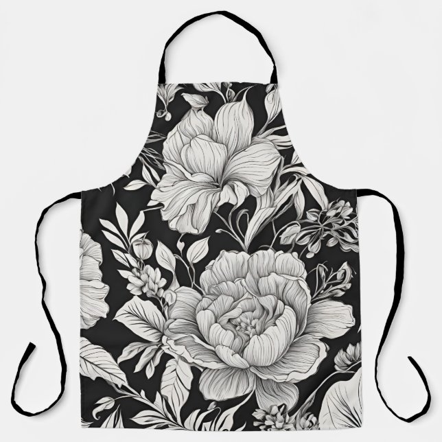 Vintage Floral Black and White Classic Apron (Front)