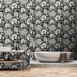 Vintage Floral Black and White Classic Wallpaper