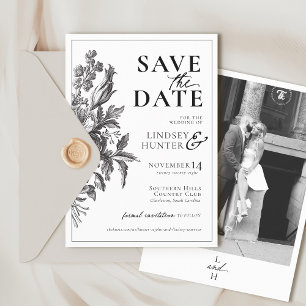 Vintage Floral Black and White Photo Boho Wedding Save The Date
