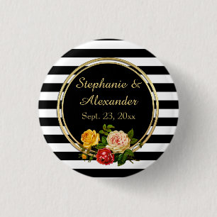 Vintage Floral Black and White Stripe Personalised 3 Cm Round Badge