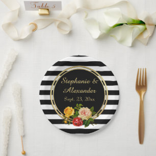 Vintage Floral Black and White Stripe Personalised Paper Plate