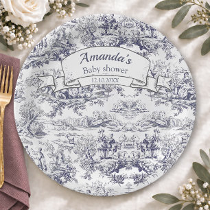 Vintage floral black toile de jouy monogram paper plate