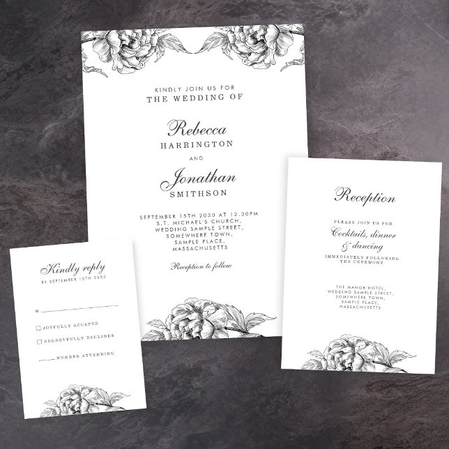 Vintage Floral Black White Botanical Wedding Invitation (Creator Uploaded)