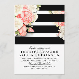 Vintage Floral Black White Stripes Wedding Invitation