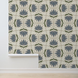 Vintage Floral Block Print Scallop Blue & Green  Wallpaper