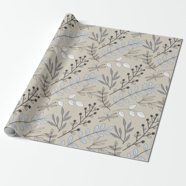 Vintage Floral Blooms and Dragonflies Wrapping Paper (Unrolled)