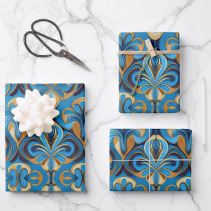 Vintage Floral Blue and Gold Patterned Papers. Wrapping Paper Sheet